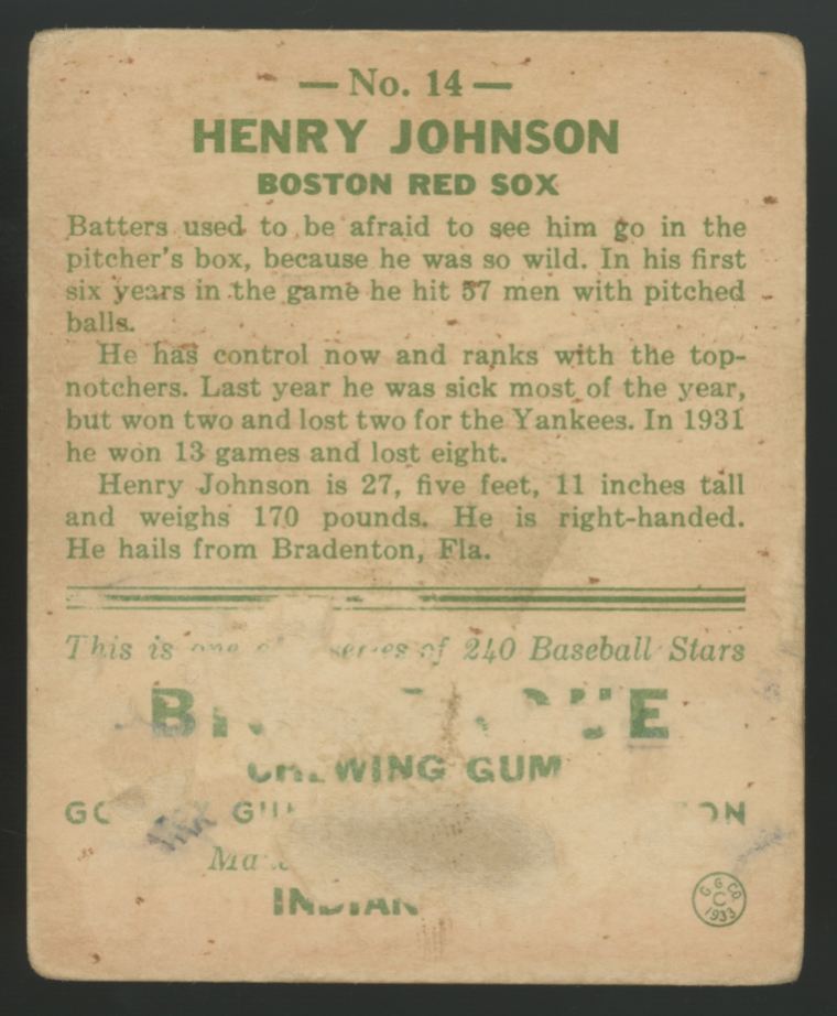 1933 Goudey Henry Johnson #14 Poor (Paper Loss)
