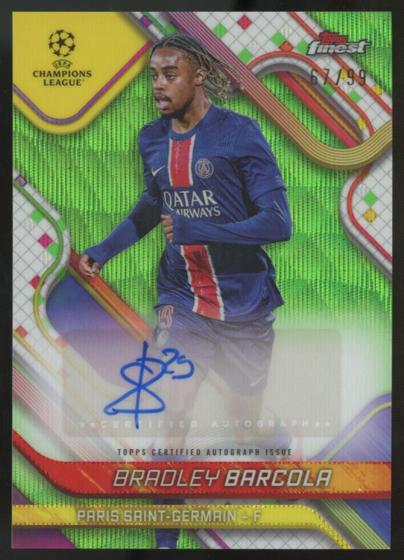 2024-25 Topps Finest UEFA Bradley Barcola Neon Green Wave Variation Auto /99