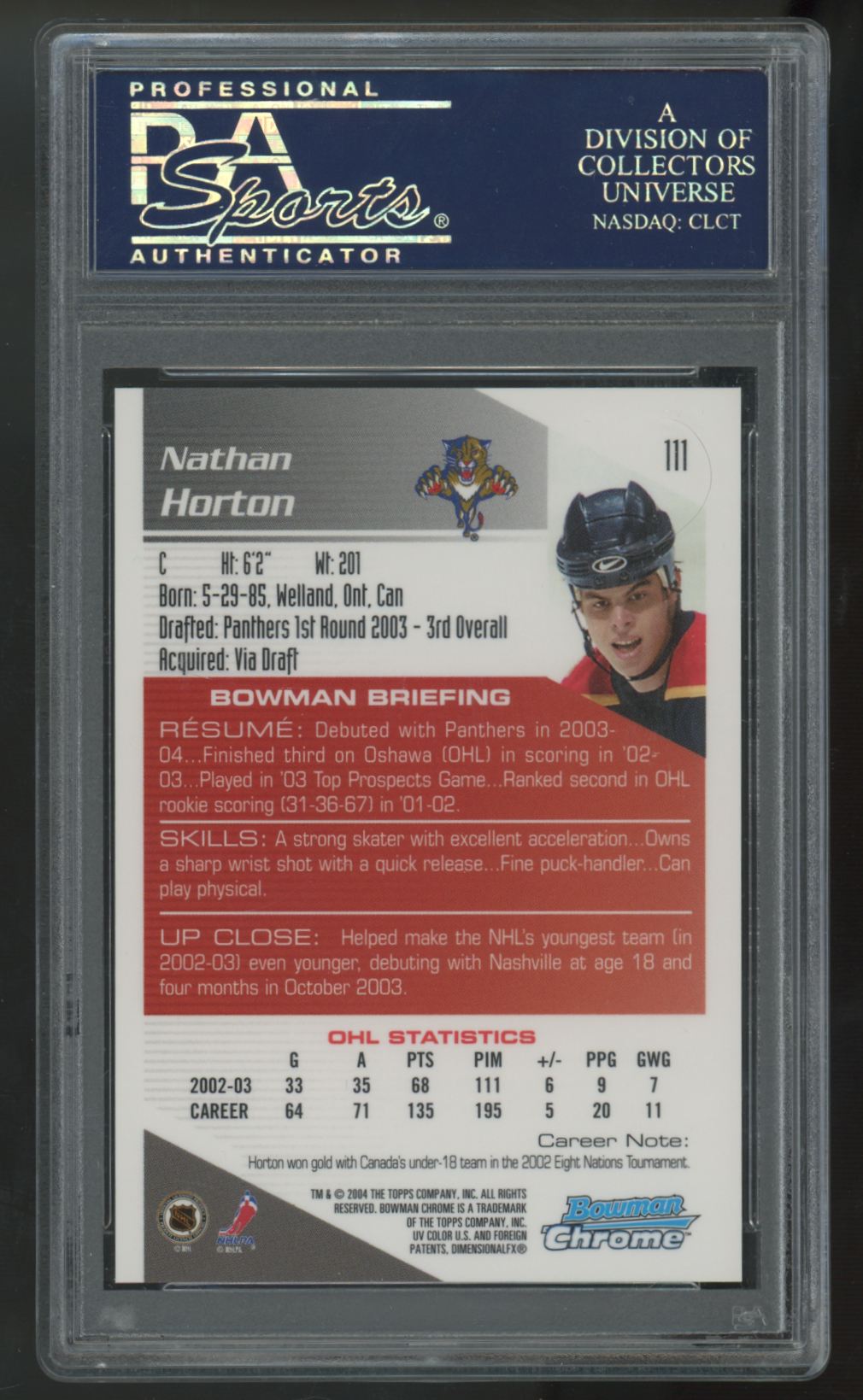 2003-04 Bowman Chrome Nathan Horton RC #111 PSA 10