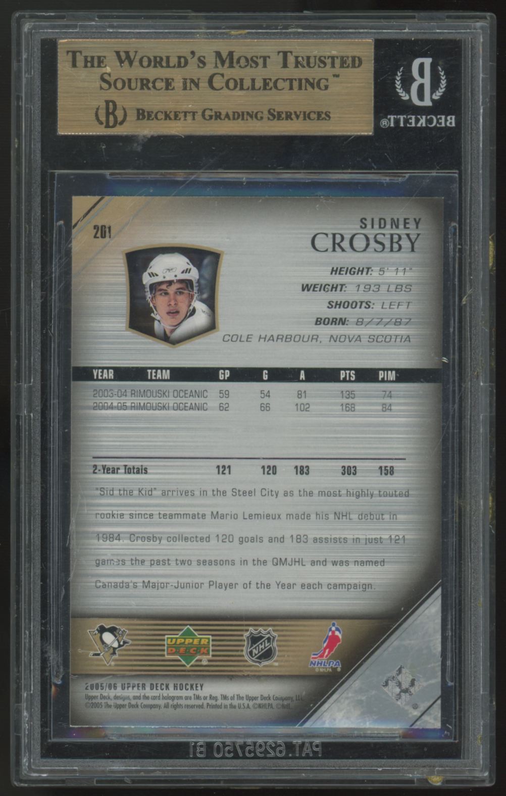 2005-06 Upper Deck Sidney Crosby RC Young Guns #201 BGS 9.5