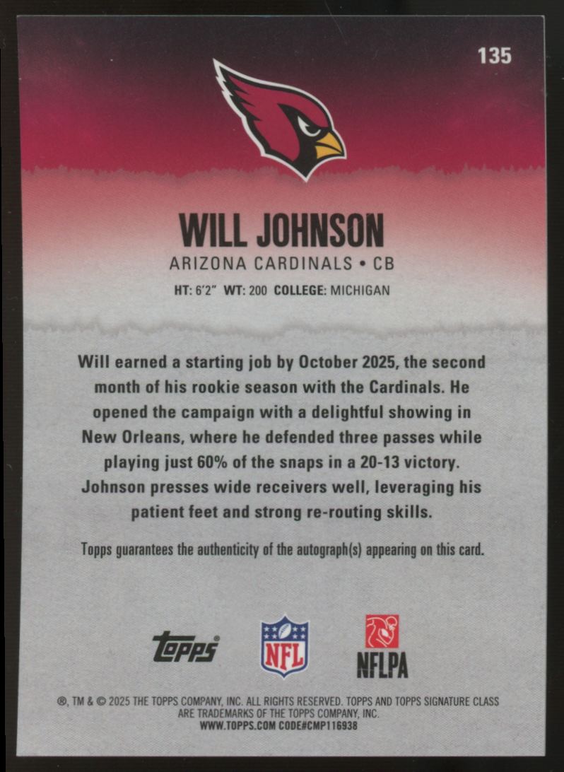 2025 Topps Signature Class Will Johnson RC Chrome Auto #135