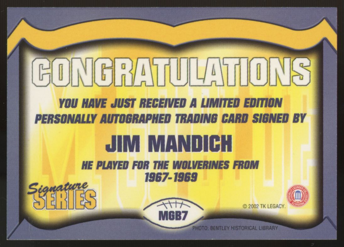 2002 TK Legacy Signature Series Jim Mandich Auto #MGB7 "A"