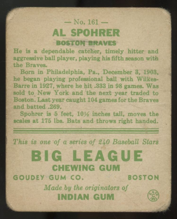 1933 Goudey Al Spohrer #161 Poor
