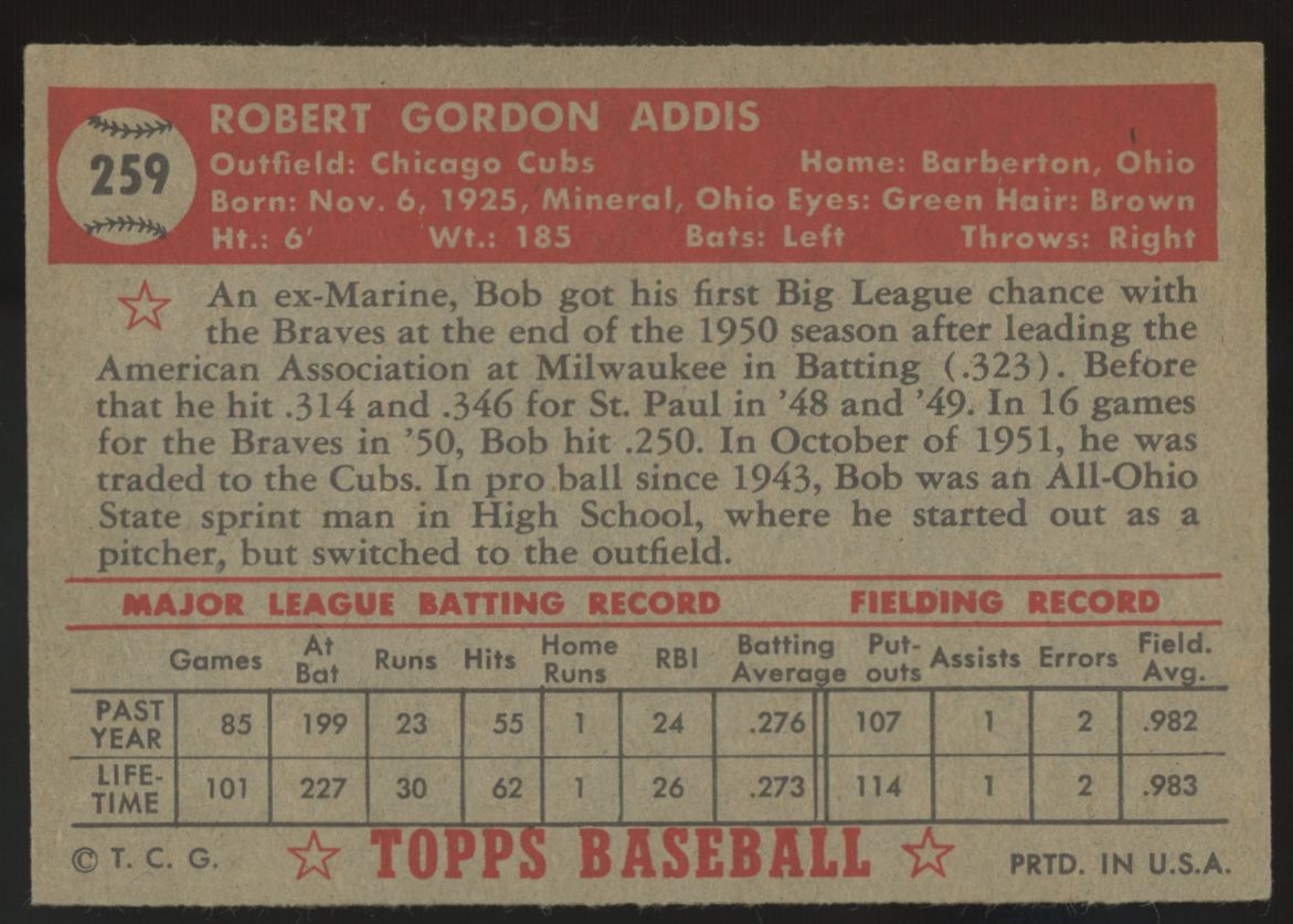 1952 Topps Bob Addis RC #259 EX