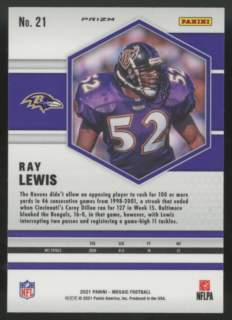 2021 Panini Mosaic Ray Lewis Peacock Choice Prizm SSP #21
