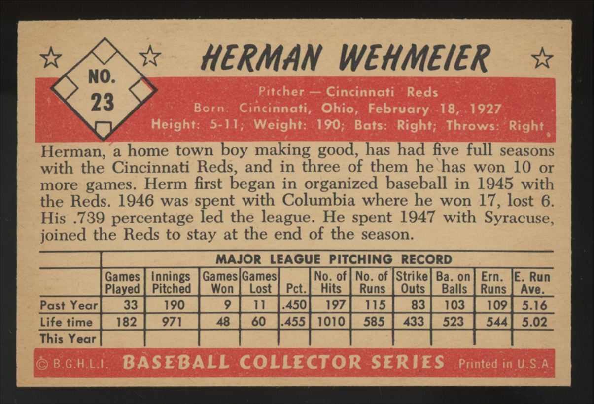 1953 Bowman Color Herman Wehmeier #23 EX/MT