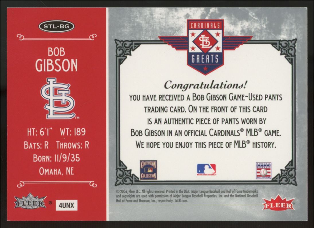 2006 Fleer Greats Of The Game Bob Gibson Game Used Pants Patch #STL-BG