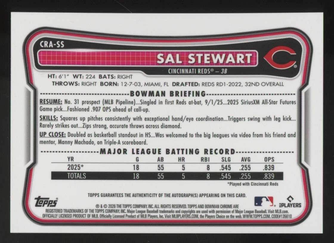 2026 Bowman Sal Stewart RC Chrome Orange Auto /25 #CRA-SS