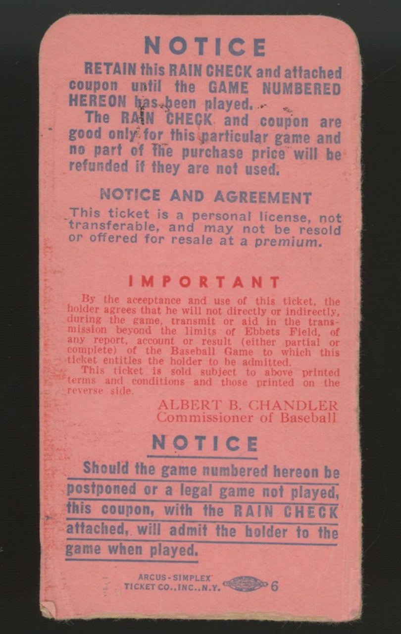 1949 Brooklyn Dodgers World Series Game 3 Ticket Stub