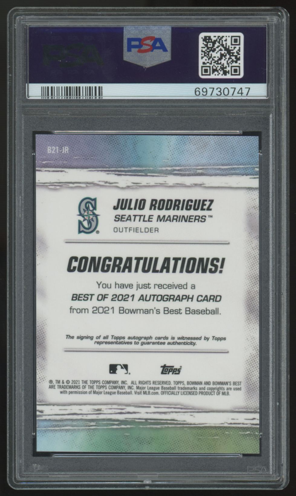 2021 Bowman's Best Julio Rodriguez Best Of '21 Auto #B21-JR PSA 10