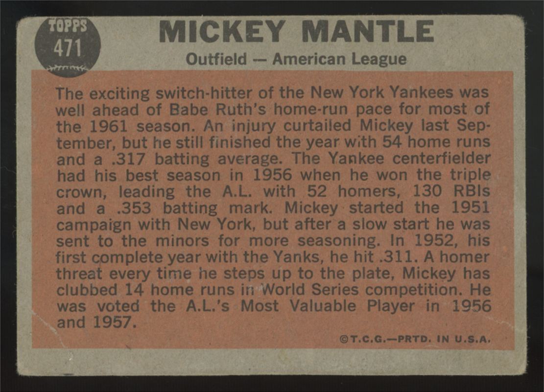 1962 Topps Mickey Mantle The Sporting News #471 Poor
