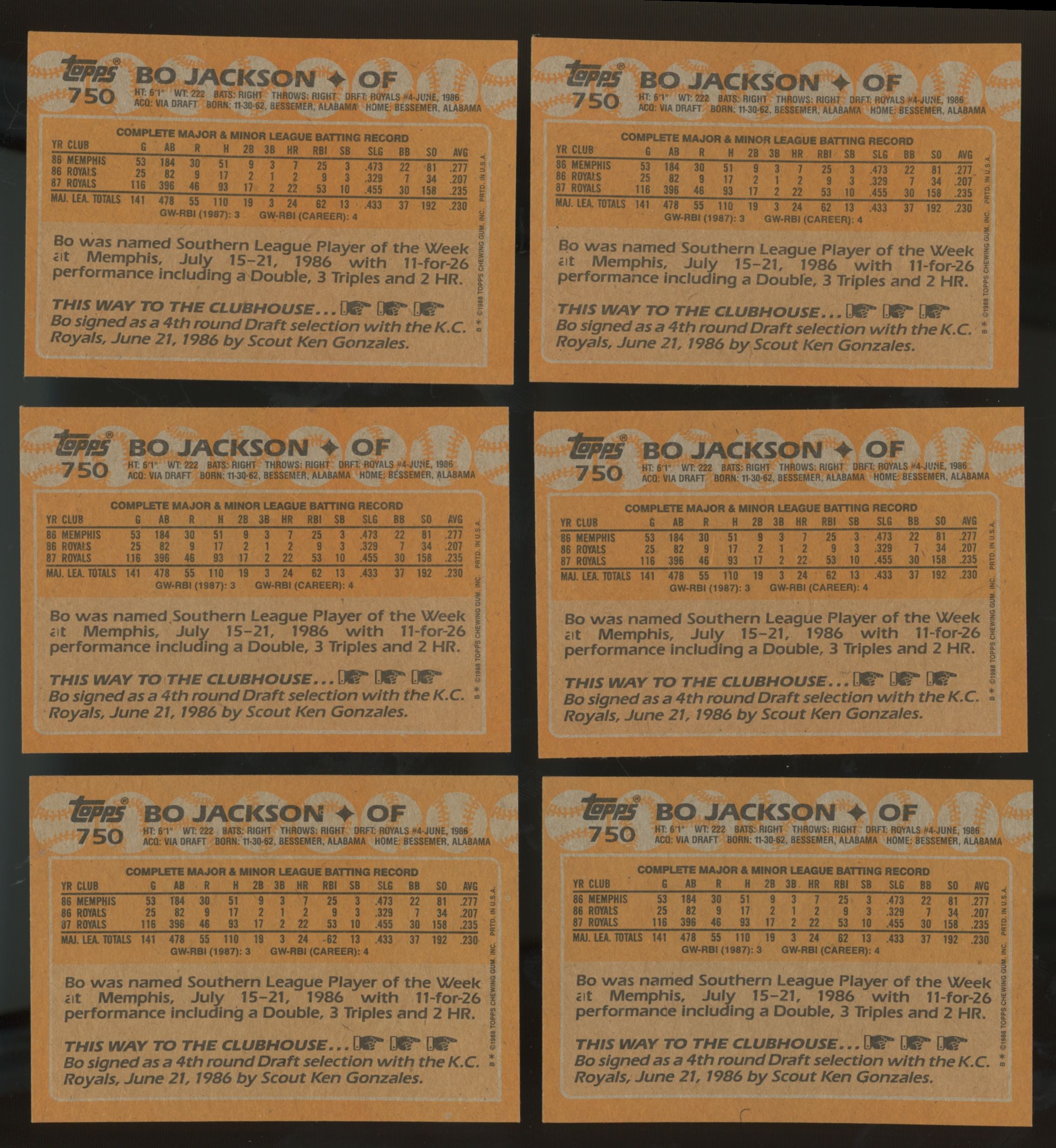 1988 Topps Bo Jackson #350 (Lot Of 20)