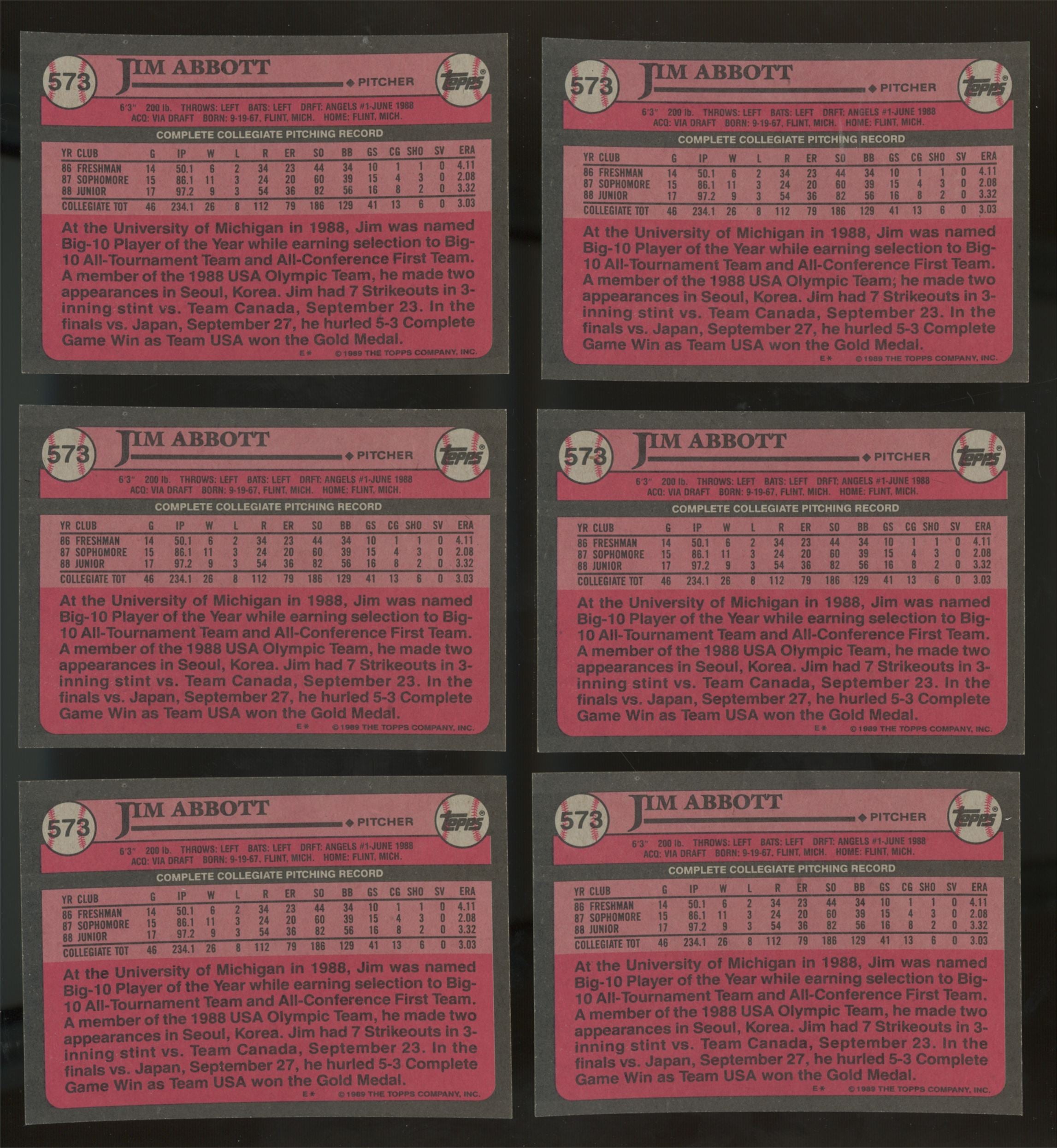 1989 Topps Jim Abbott RC #1 Draft Pick #573 (Lot Of 50) "A"