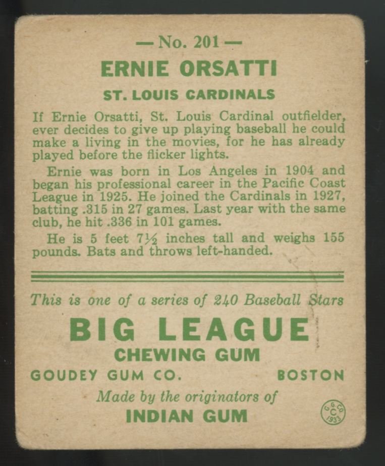 1933 Goudey Ernie Orsatti Big League Gum #201 Good