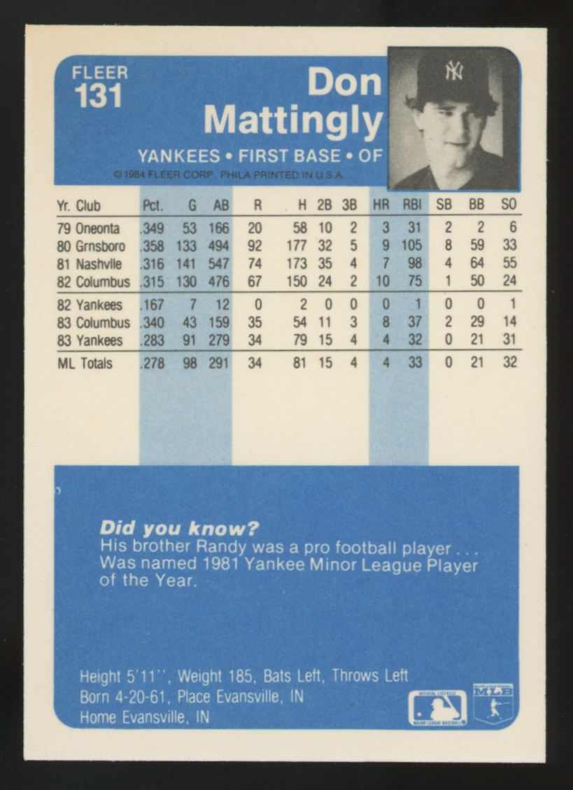 1984 Fleer Don Mattingly RC #131 NM-MT "E"