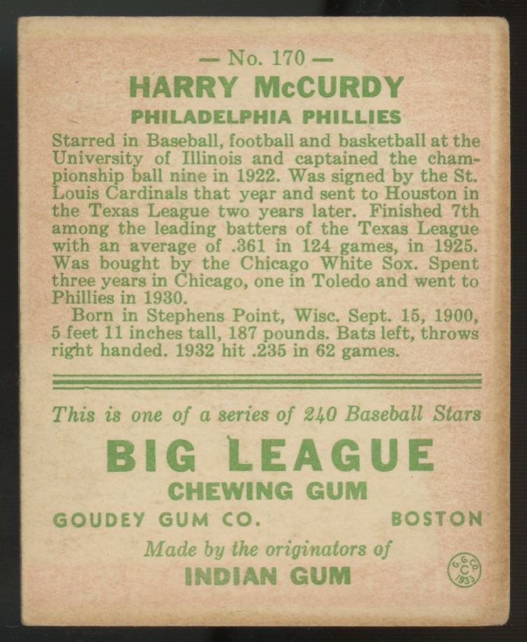 1933 Goudey Harry McCurdy #170 VG