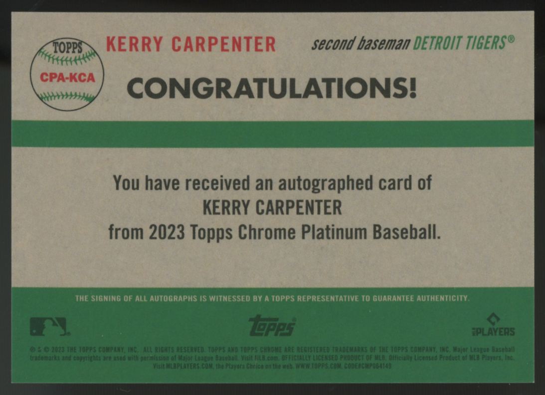 2023 Topps Chrome Platinum Kerry Carpenter RC Green Auto /75 #CPA-KCA
