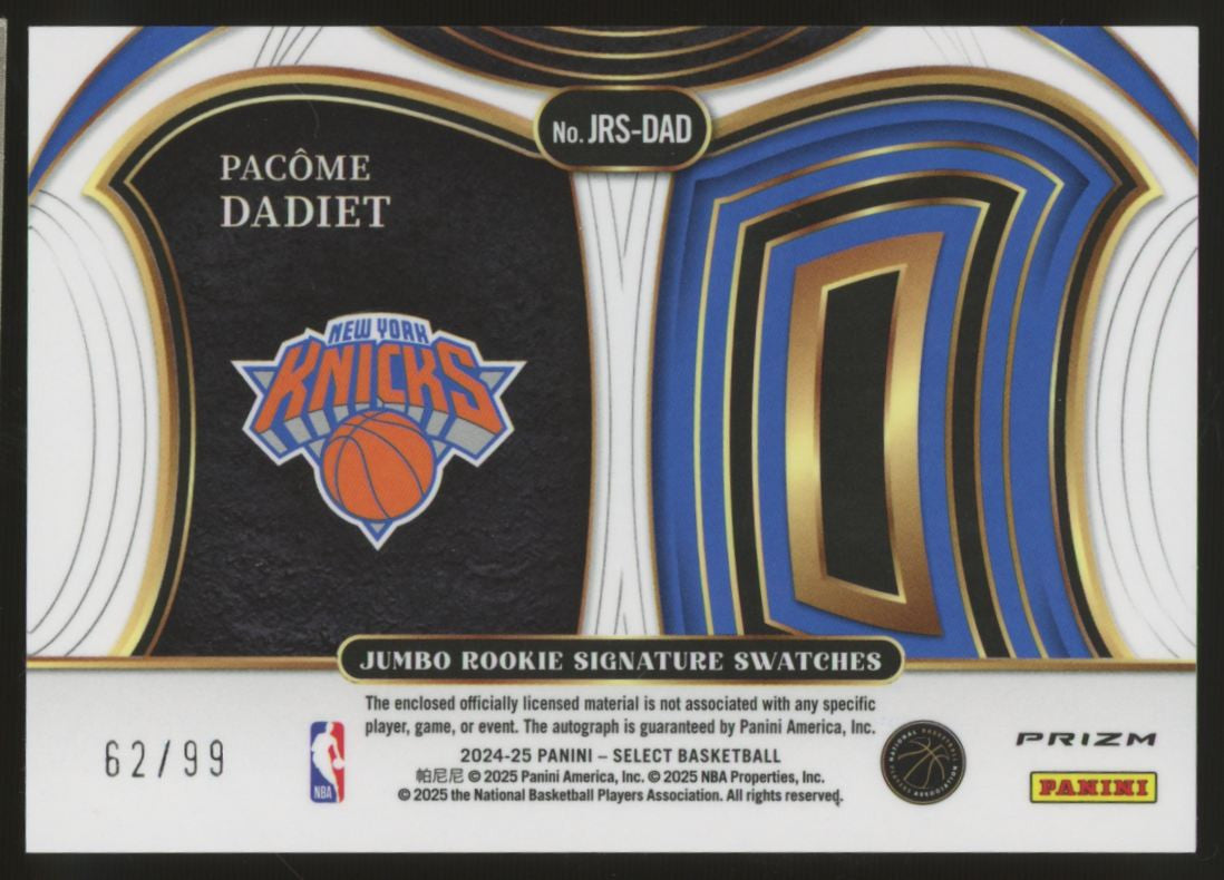 2024/25 Select Pacome Dadiet RC Jumbo Patch Auto RPA Silver /99 #JRS-DAD