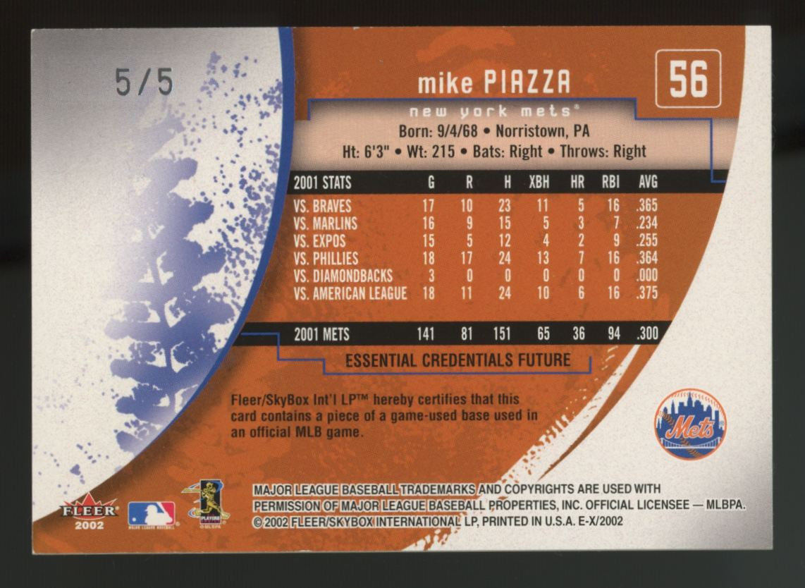 2002 Fleer E-X Mike Piazza Essential Credentials Future Game-Used Base /5 #56