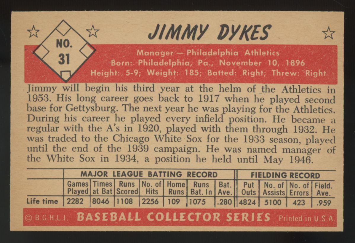 1953 Bowman Color Jimmy Dykes #31 VG/EX