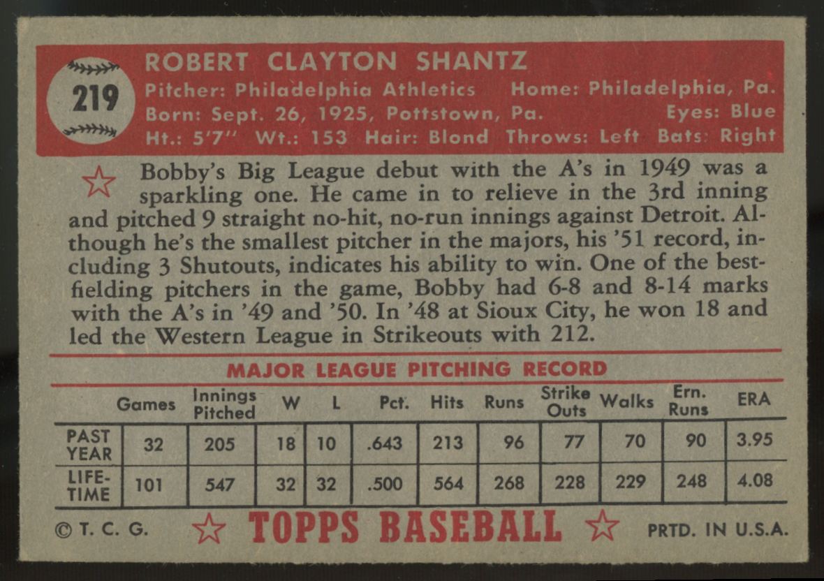 1952 Topps Bobby Shantz #219 G/VG