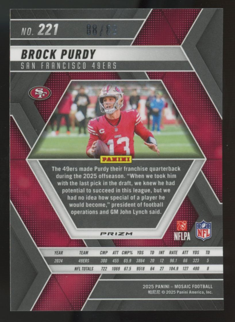 2025 Panini Mosaic Brock Purdy Red & Yellow Choice /89 #221