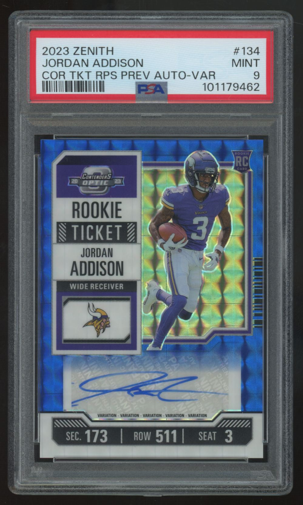 2023 Contenders Optic Jordan Addison RC Rookie Ticket Auto Blue /23 #134 PSA 9