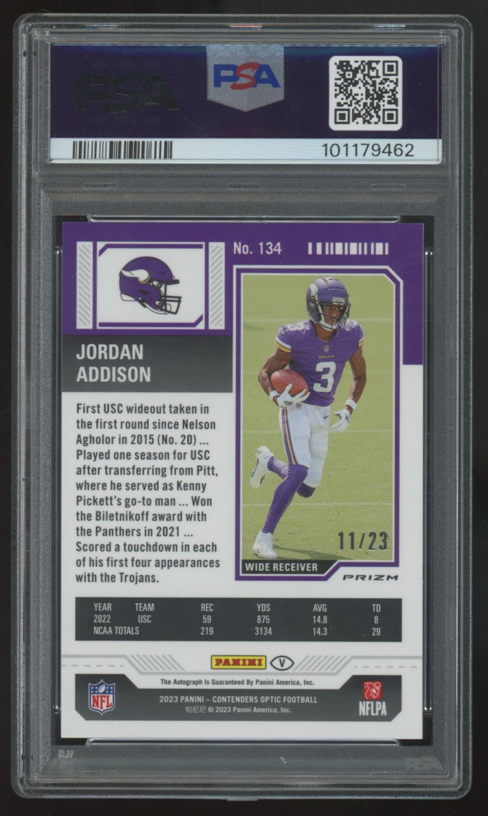 2023 Contenders Optic Jordan Addison RC Rookie Ticket Auto Blue /23 #134 PSA 9