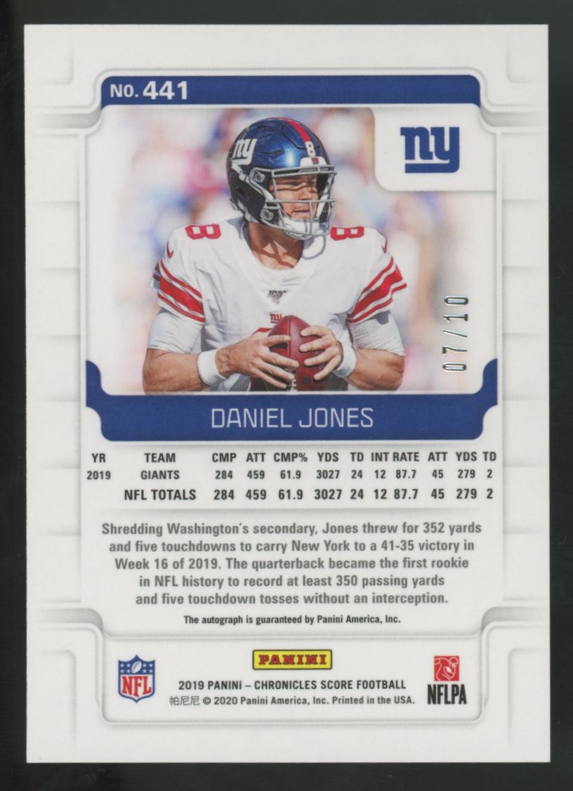 2019 Panini Chronicles Score Daniel Jones RC First Down Auto /10 #441