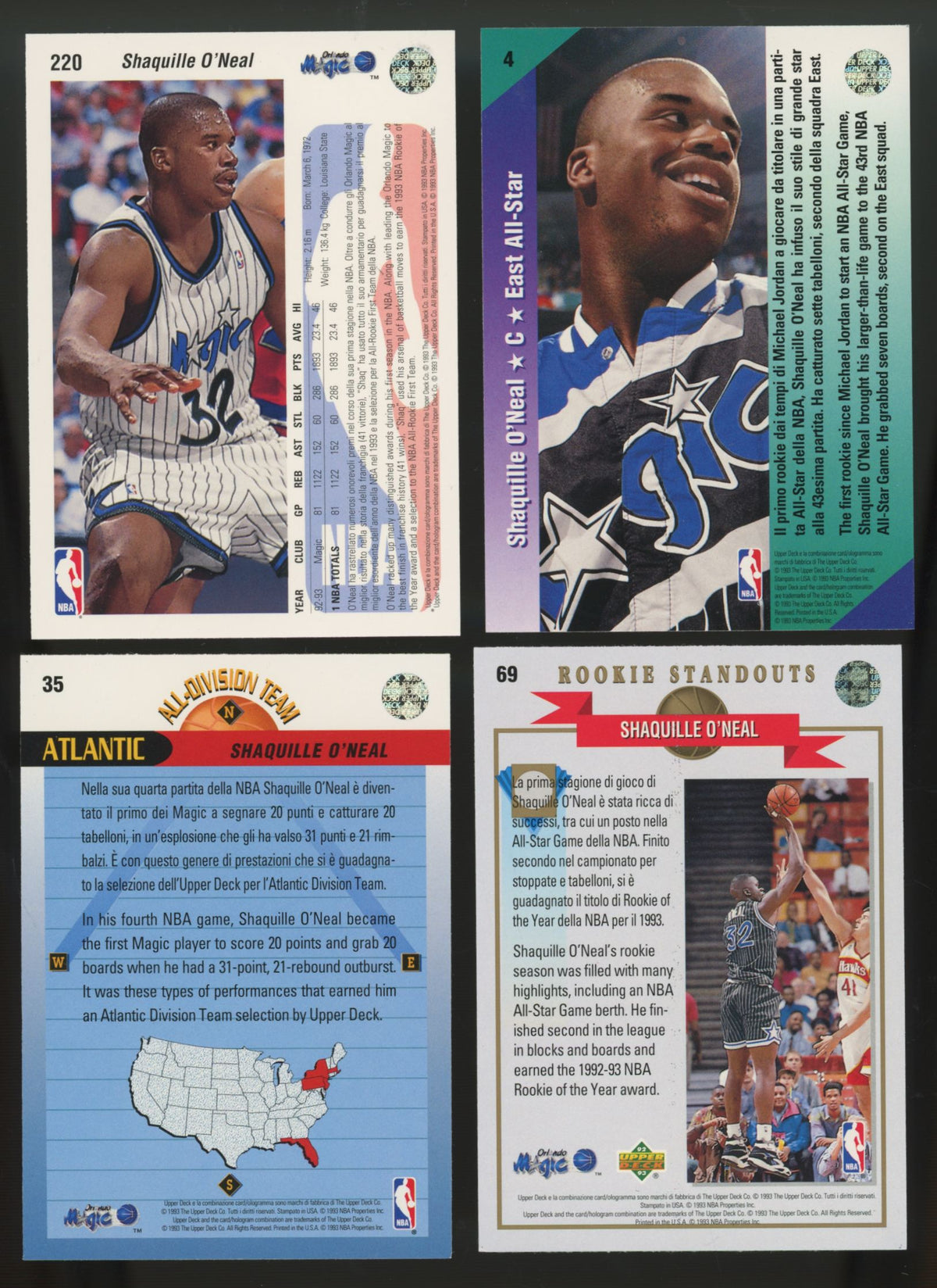 1992-93 Upper Deck International Shaquille O'Neal RC #220 #4 #35 #69 (Lot of 4)