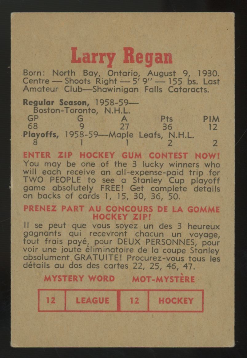 1959-60 Parkhurst Larry Regan #17 EX