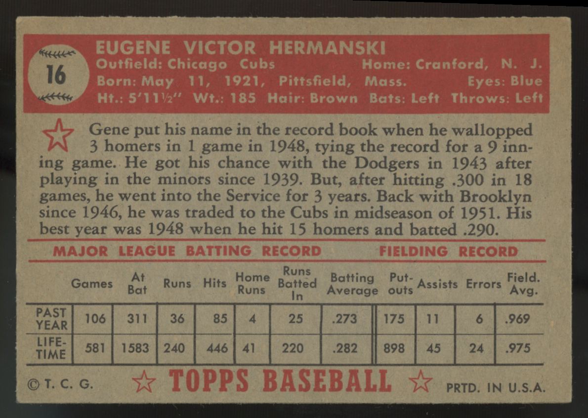 1952 Topps Gene Hermanski #16 VG