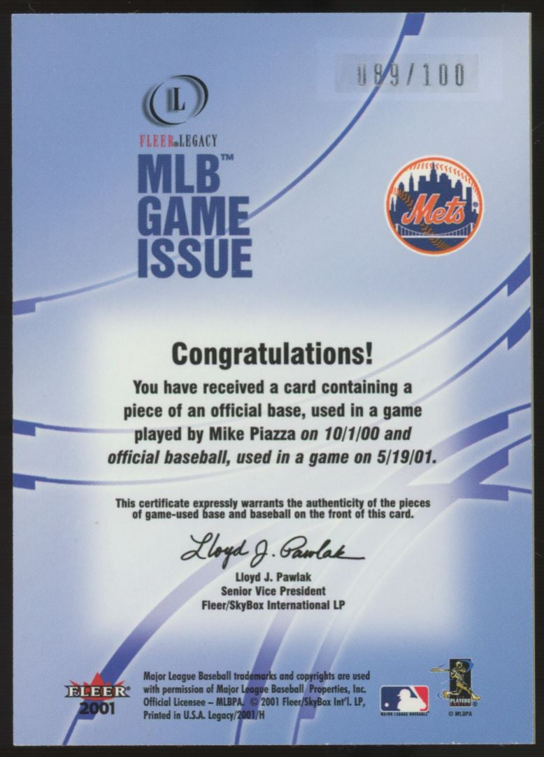 2001 Fleer Legacy Baseball Mike Piazza MLB Game Issue Base & Ball /100