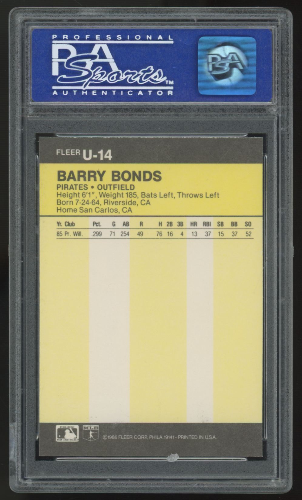 1986 Fleer Update Barry Bonds RC #U-14 PSA 8 *148