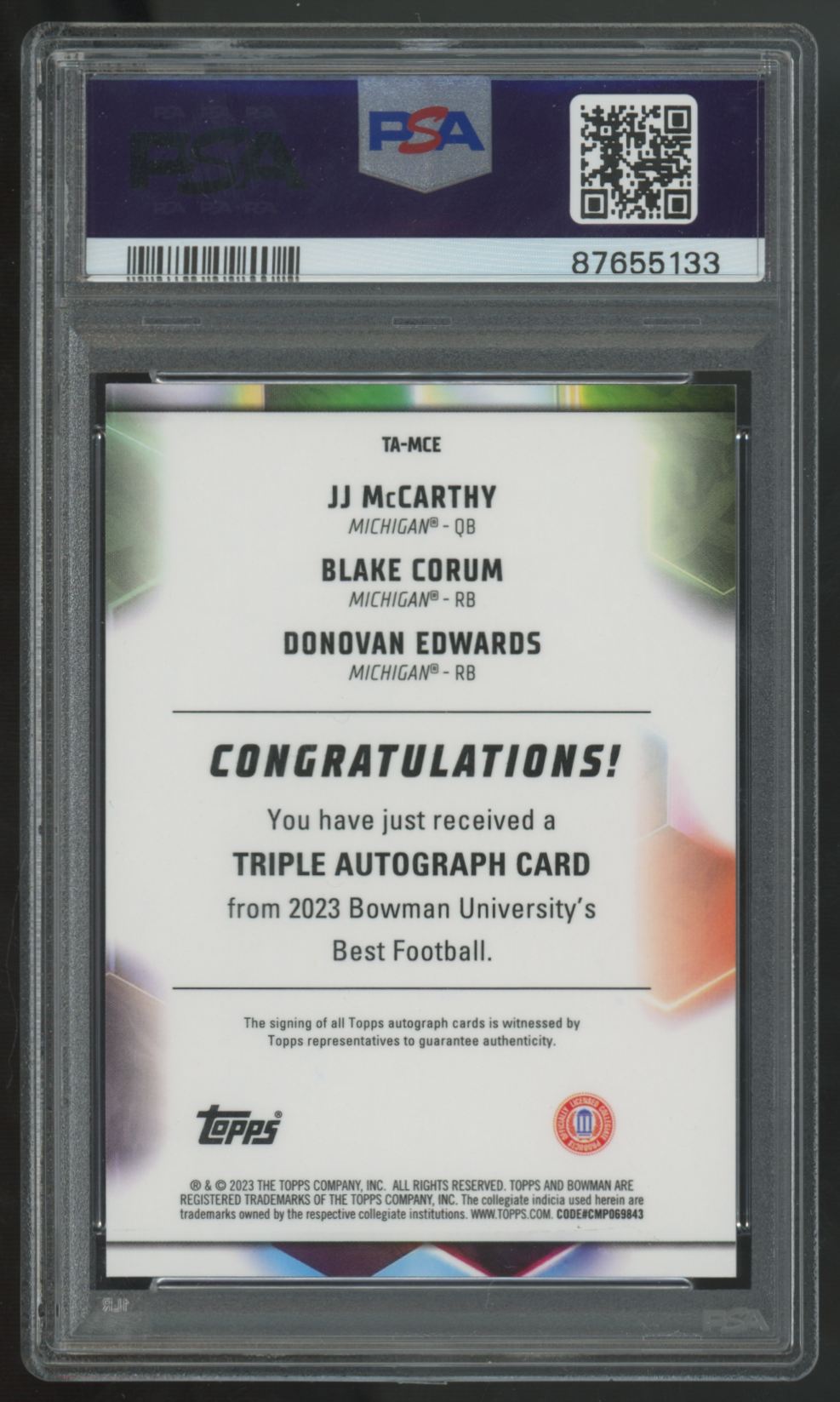 2023 Bowman Best U McCarthy/Corum/Edwards Orange Triple Auto /10 PSA 10 9