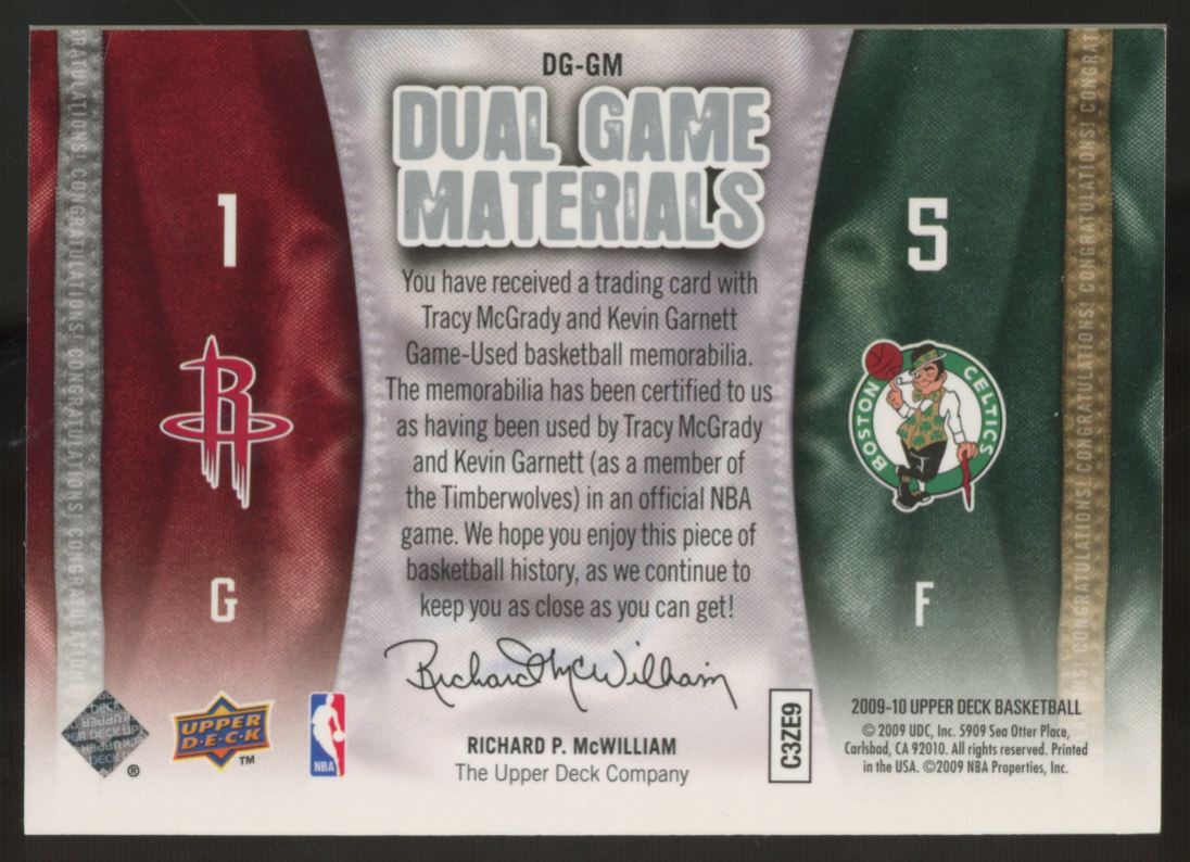 2009-10 Upper Deck Tracy McGrady, Kevin Garnett Dual Materials Patch #DG-GM