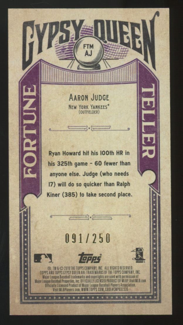 2019 Topps Gypsy Queen Aaron Judge Indigo Fortune Teller Mini /250 #FTM-AJ