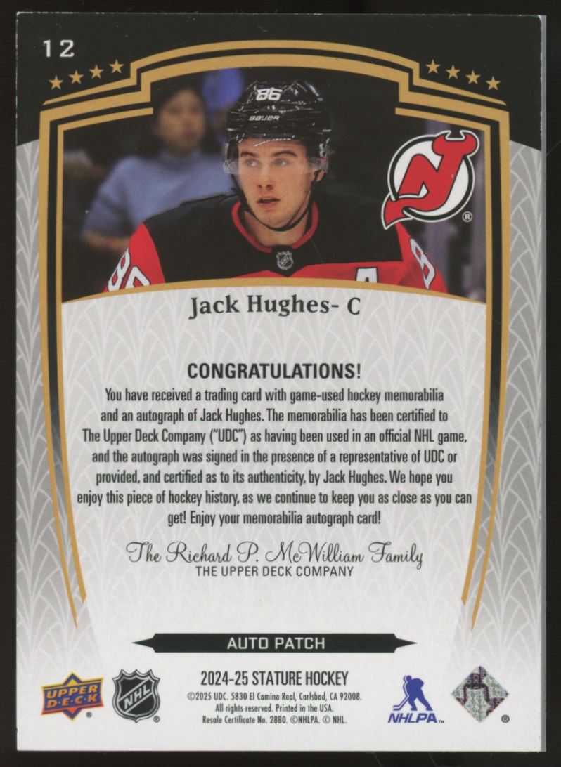 2024/25 Upper Deck Stature Jack Hughes Patch Auto Gold /49 #12