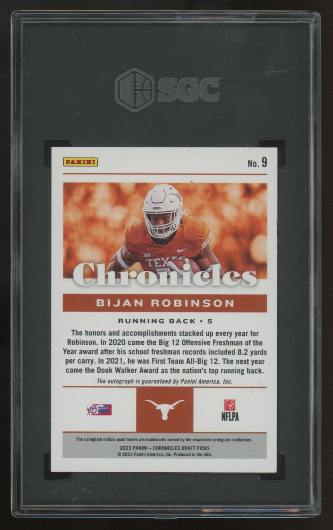 2023 Panini Chronicles Draft Picks Bijan Robinson RC Gold Auto /10 #9 SGC 9.5 10