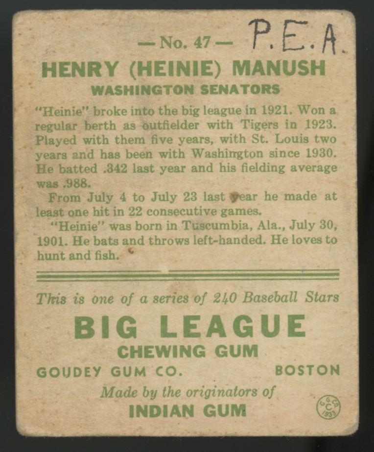 1933 Goudey Henry "Heinie" Manush #47 G/VG (MK)