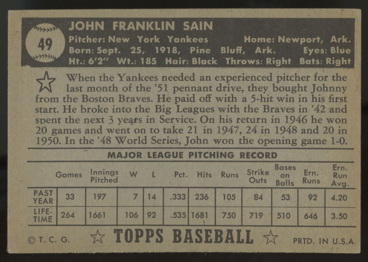 1952 Topps Johnny Sain Black Back #49 VG/EX