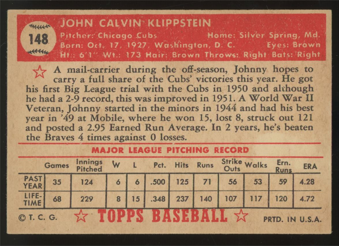 1952 Topps Johnny Klippstein #148 EX