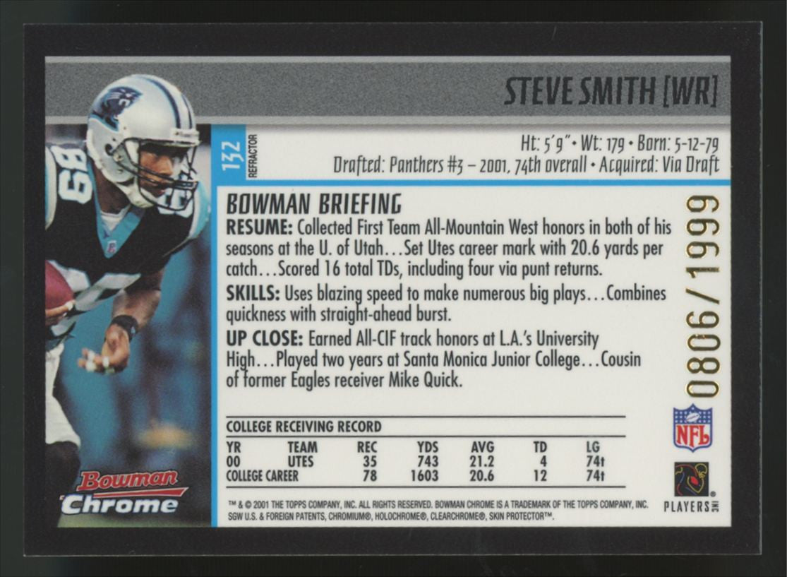 2001 Bowman Chrome Steve Smith RC Refractor /1999 #132