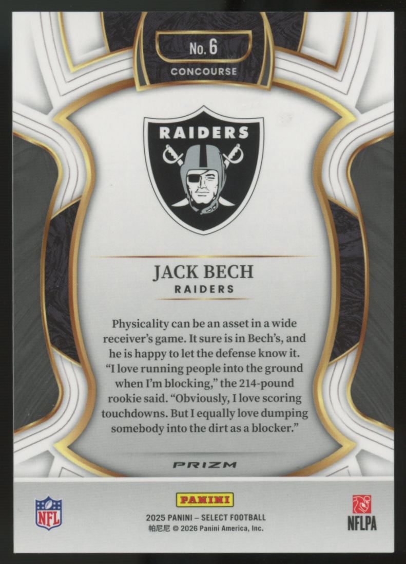 2025 Panini Select Jack Bech RC Concourse Zebra Shock SSP #6
