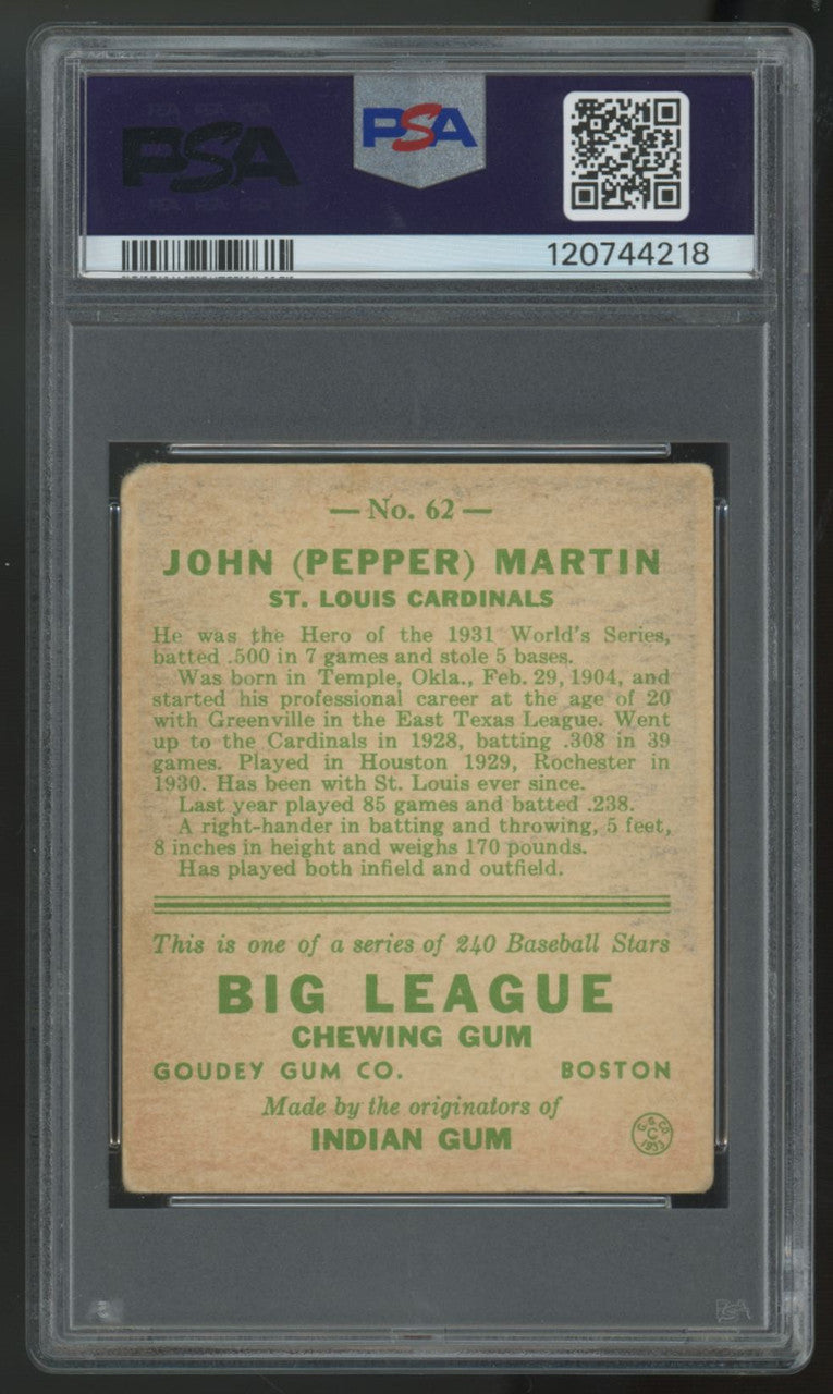1933 Goudey Pepper Martin RC #62 PSA 2.5