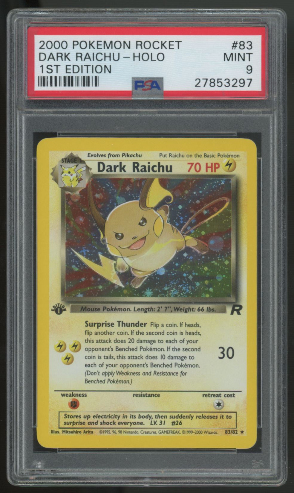2000 Pokemon Dark Raichu 1st Edition Team Rocket Holo #83 PSA 9