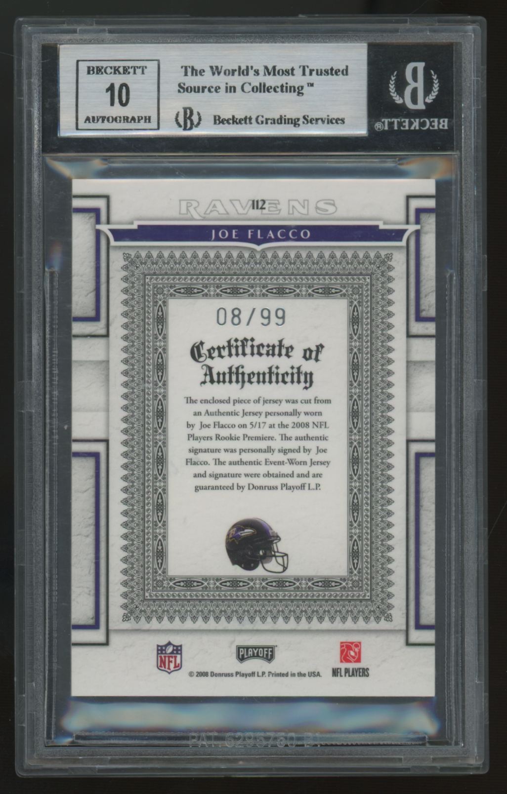 2008 National Treasures Joe Flacco RC Playoff Patch Auto RPA /99 #112 BGS 9 10