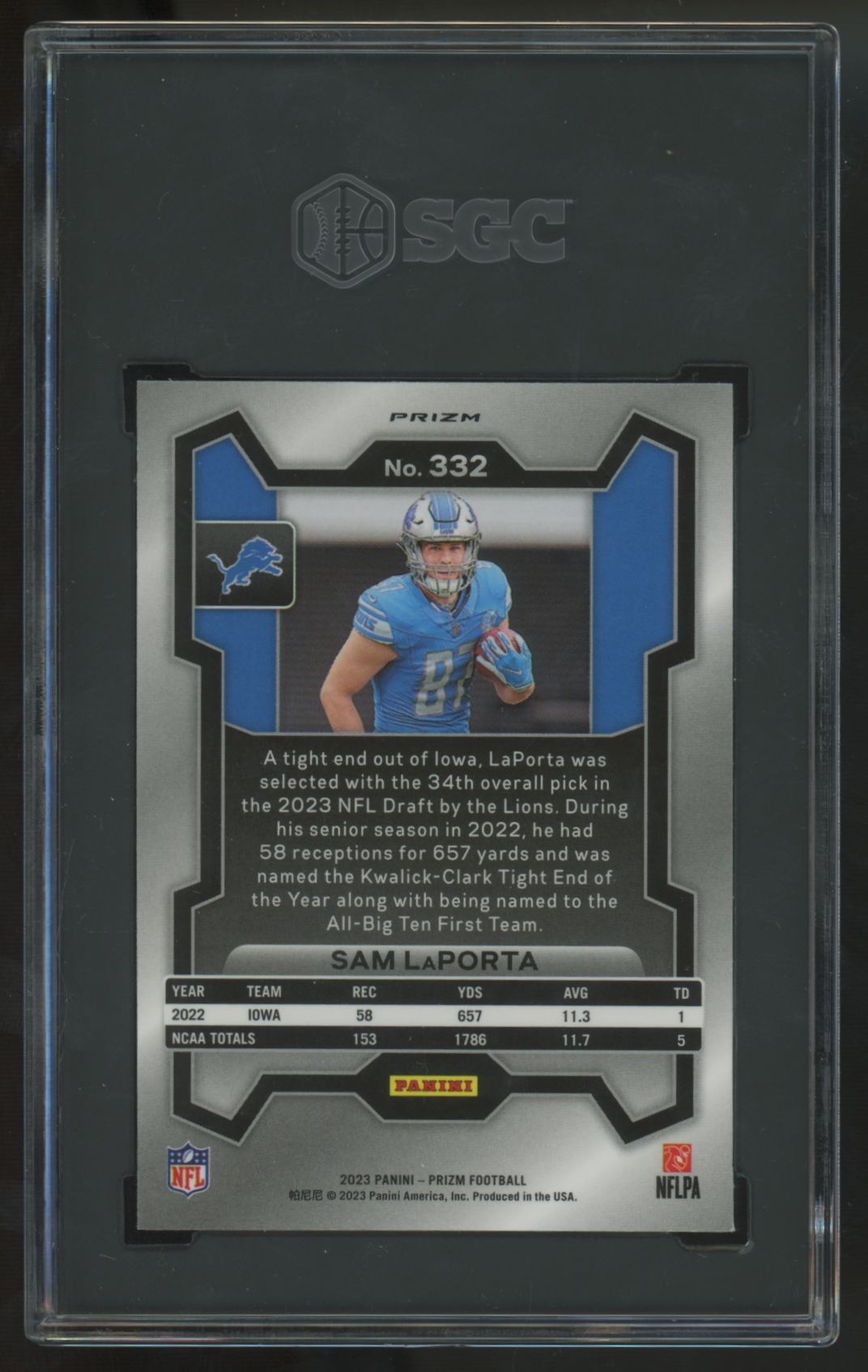 2023 Panini Prizm Sam LaPorta RC Neon Green Pulsar #332 SGC 10