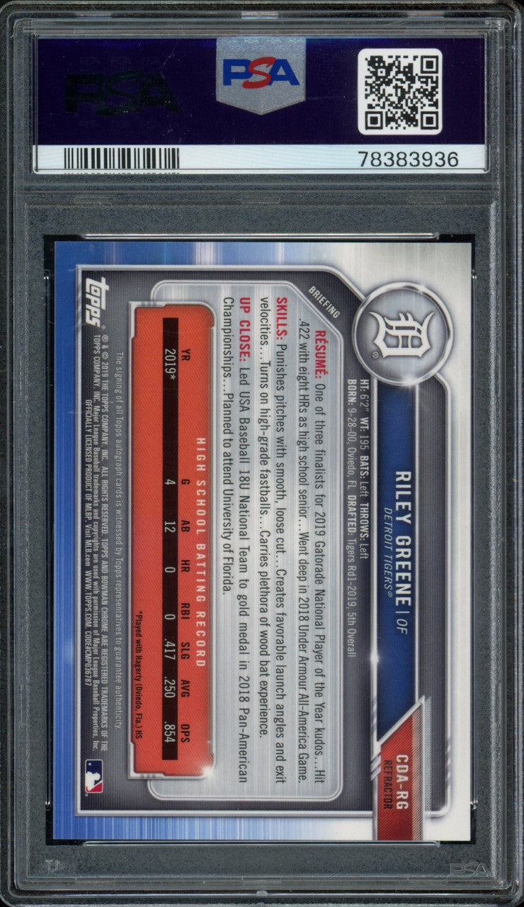 2019 Bowman Draft Riley Greene 1st Auto Chrome Refractor /499 PSA 9 10