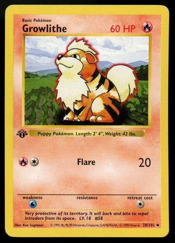 Pokemon Growlithe 1st Edition Base Set Shadowless #28/102